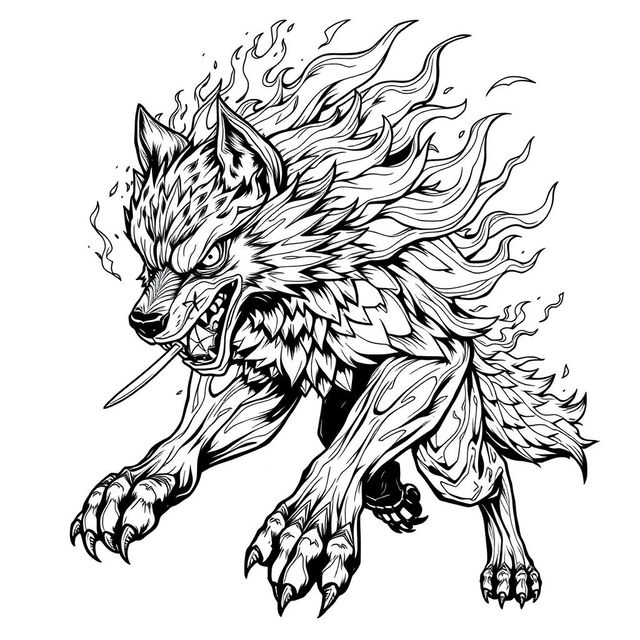 A highly detailed black and white line art illustration of a fierce ninja wolf engulfed in flames, showcasing intricate patterns and textures in the fur and the fire