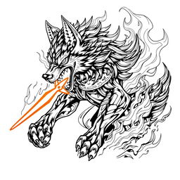A highly detailed black and white line art illustration of a fierce ninja wolf engulfed in flames, showcasing intricate patterns and textures in the fur and the fire