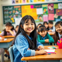 A vibrant and cheerful classroom scene with a mix of students engaged in learning