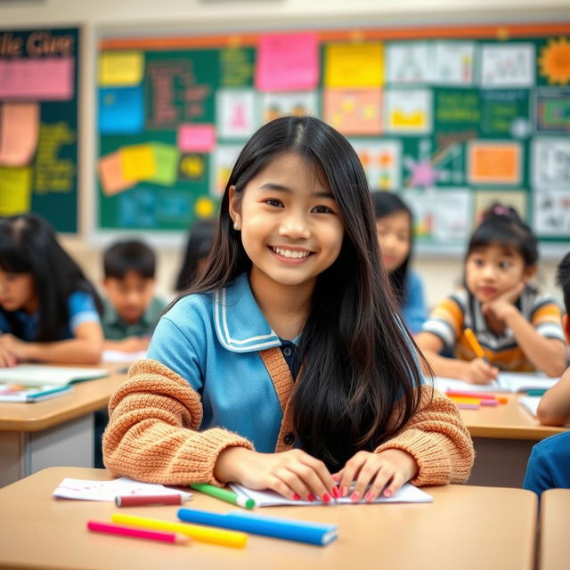 A vibrant and cheerful classroom scene with a mix of students engaged in learning