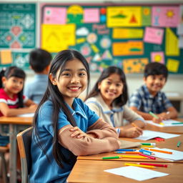 A vibrant and cheerful classroom scene with a mix of students engaged in learning