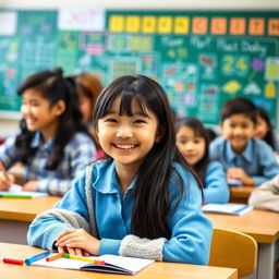 A vibrant and cheerful classroom scene with a mix of students engaged in learning