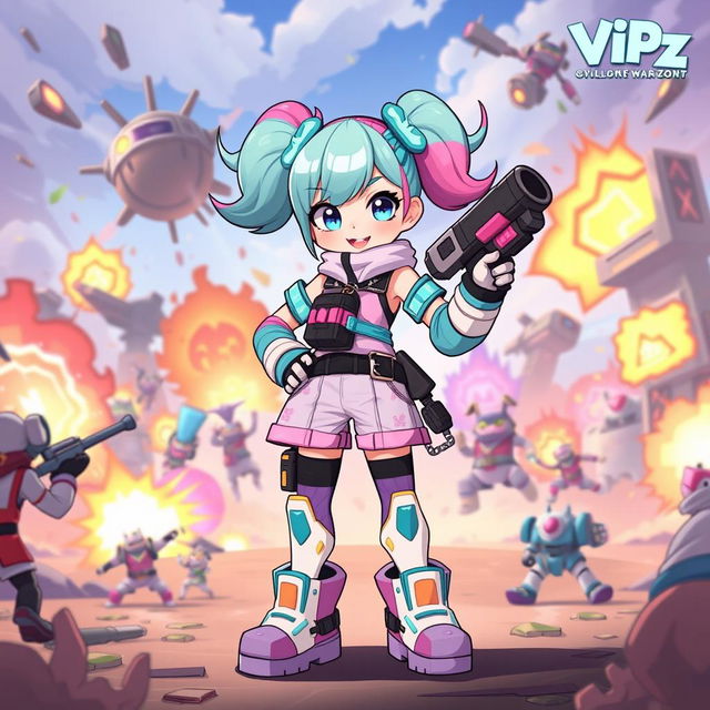 A character named Candy stands boldly in a lively and chaotic VIPz alliance war zone, radiating a perfect mix of cuteness and badassery