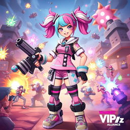 A character named Candy stands boldly in a lively and chaotic VIPz alliance war zone, radiating a perfect mix of cuteness and badassery