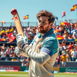 A dynamic cricket scene featuring Lionel Messi, dressed in a cricket uniform, flicking a cricket ball gently for a single