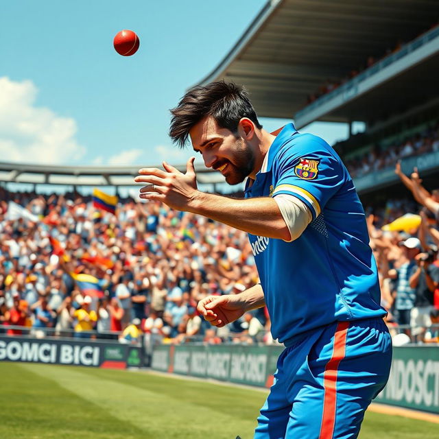 A dynamic cricket scene featuring Lionel Messi, dressed in a cricket uniform, flicking a cricket ball gently for a single