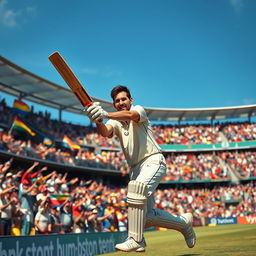 A dynamic cricket scene featuring Lionel Messi, dressed in a cricket uniform, flicking a cricket ball gently for a single