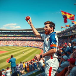A dynamic cricket scene featuring Lionel Messi, dressed in a cricket uniform, flicking a cricket ball gently for a single