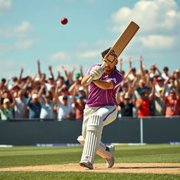 A dynamic cricket scene where Lionel Messi, dressed in cricket gear, flicks the ball gently with his bat for a single run