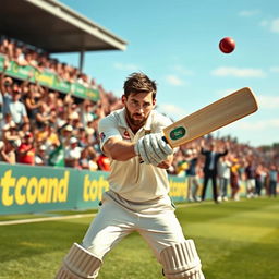 A dynamic cricket scene where Lionel Messi, dressed in cricket gear, flicks the ball gently with his bat for a single run
