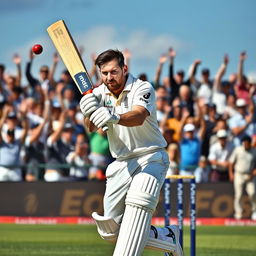 A dynamic cricket scene where Lionel Messi, dressed in cricket gear, flicks the ball gently with his bat for a single run