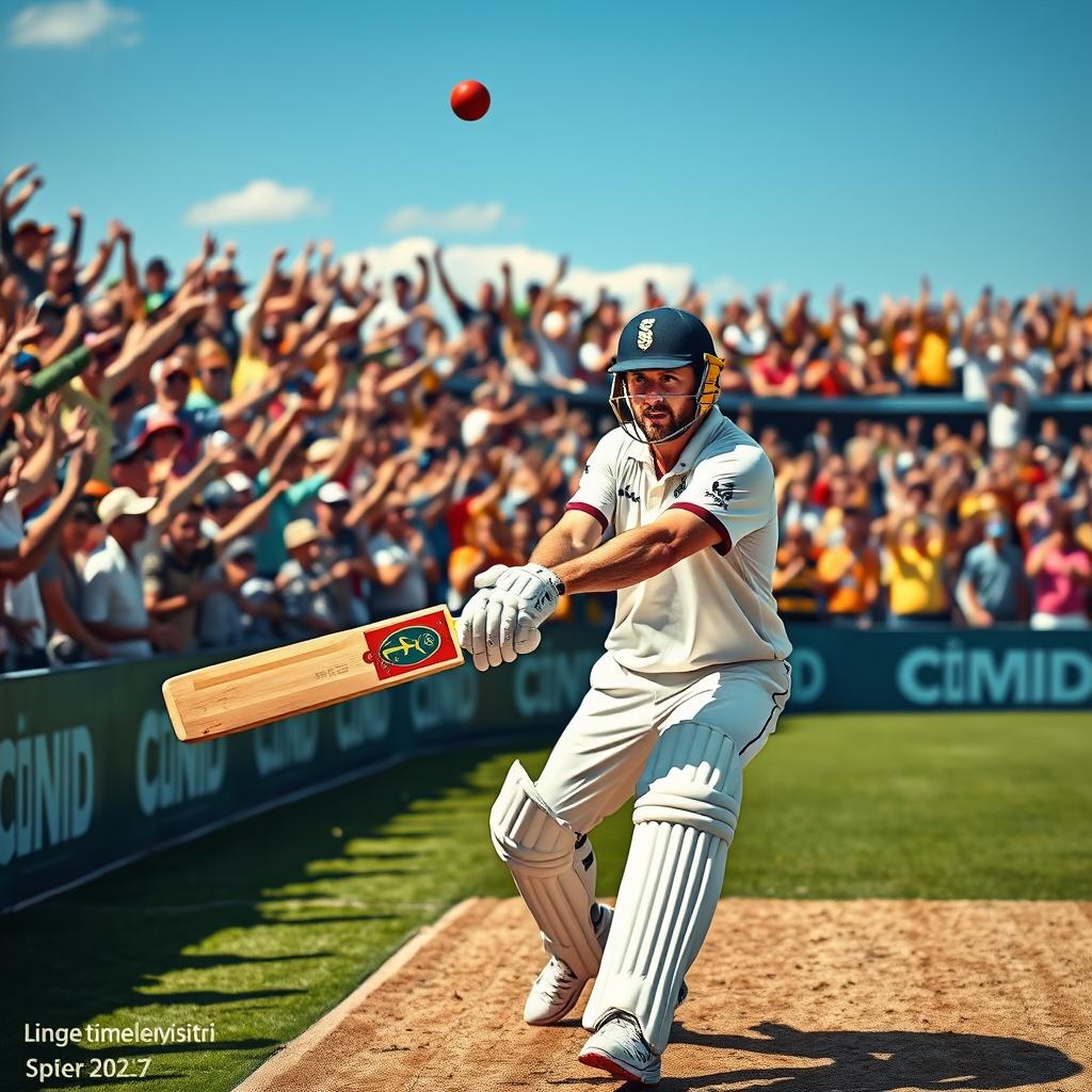 A dynamic cricket scene where Lionel Messi, dressed in cricket gear, flicks the ball gently with his bat for a single run