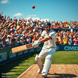 A dynamic cricket scene where Lionel Messi, dressed in cricket gear, flicks the ball gently with his bat for a single run