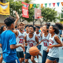 A vibrant school scene showcasing a spirited basketball game, featuring students from diverse backgrounds passionately competing on the court