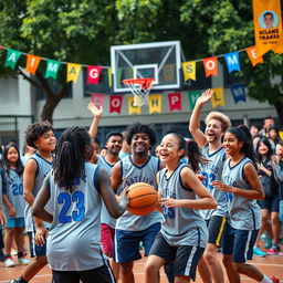 A vibrant school scene showcasing a spirited basketball game, featuring students from diverse backgrounds passionately competing on the court