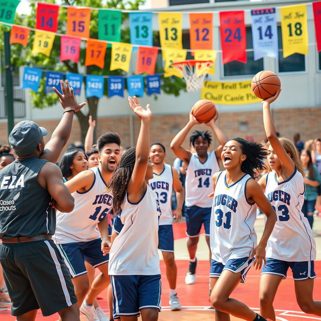 A vibrant school scene showcasing a spirited basketball game, featuring students from diverse backgrounds passionately competing on the court