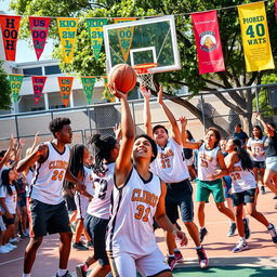 A vibrant school scene showcasing a spirited basketball game, featuring students from diverse backgrounds passionately competing on the court