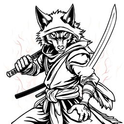 A detailed line art illustration of a ninja wolf in striking black and white colors, positioned heroically against a dramatic fire background