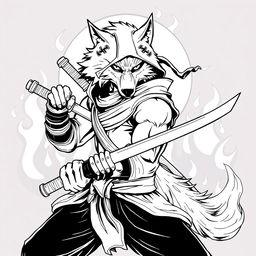 A detailed line art illustration of a ninja wolf in striking black and white colors, positioned heroically against a dramatic fire background