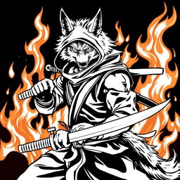 A detailed line art illustration of a ninja wolf in striking black and white colors, positioned heroically against a dramatic fire background