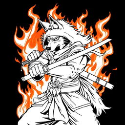 A detailed line art illustration of a ninja wolf in striking black and white colors, positioned heroically against a dramatic fire background