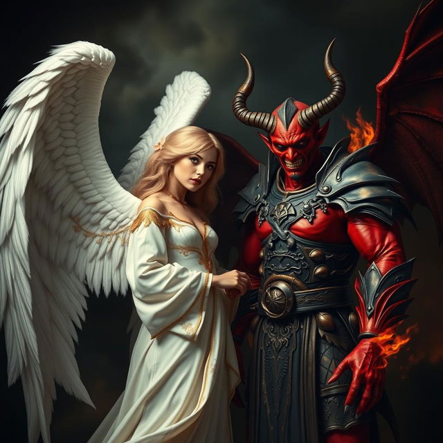 A stunning angel dressed in ethereal white robes, adorned with delicate golden accents and intricately detailed wings, stands gracefully beside a menacing devil