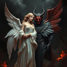 A stunning angel dressed in ethereal white robes, adorned with delicate golden accents and intricately detailed wings, stands gracefully beside a menacing devil