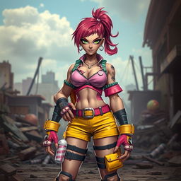 A strong, fierce-looking female character dressed as a 'candy girl', standing confidently in a war zone