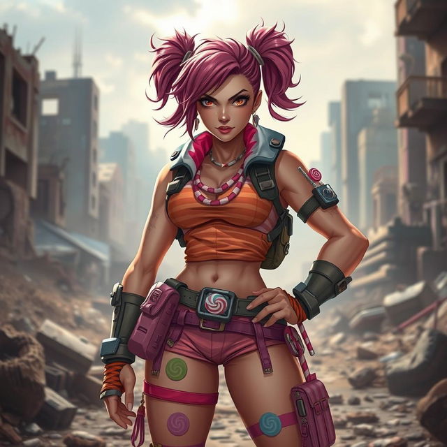 A strong, fierce-looking female character dressed as a 'candy girl', standing confidently in a war zone
