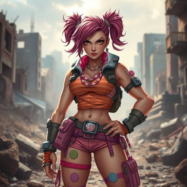 A strong, fierce-looking female character dressed as a 'candy girl', standing confidently in a war zone