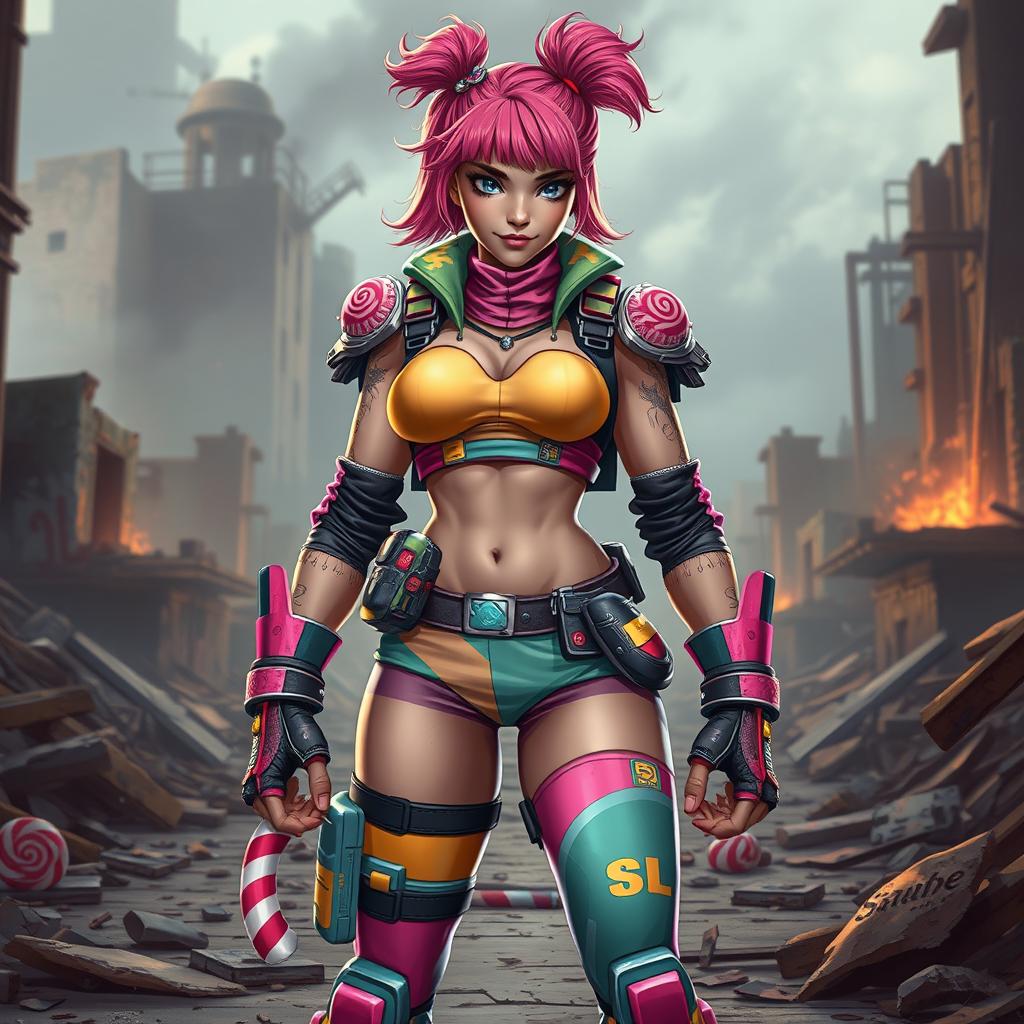 A strong, fierce-looking female character dressed as a 'candy girl', standing confidently in a war zone