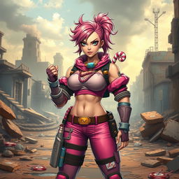 A strong, fierce-looking female character dressed as a 'candy girl', standing confidently in a war zone