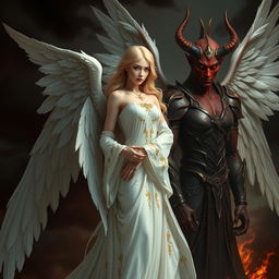 A stunning angel dressed in ethereal white robes, adorned with delicate golden accents and intricately detailed wings, stands gracefully beside a menacing devil