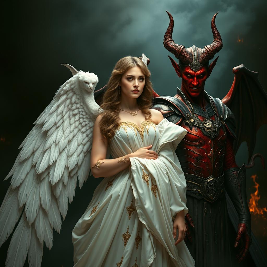 A stunning angel dressed in ethereal white robes, adorned with delicate golden accents and intricately detailed wings, stands gracefully beside a menacing devil