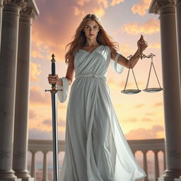 A striking image of a personified representation of Justice, standing tall and majestic