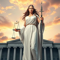 A striking image of a personified representation of Justice, standing tall and majestic