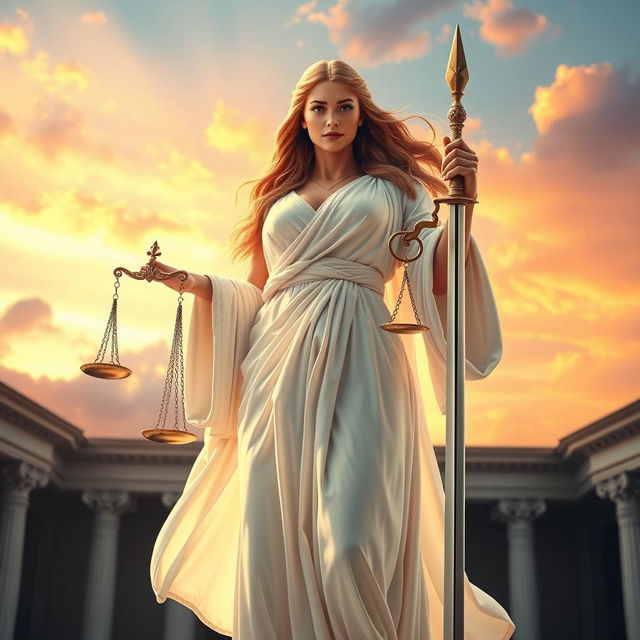 A striking image of a personified representation of Justice, standing tall and majestic