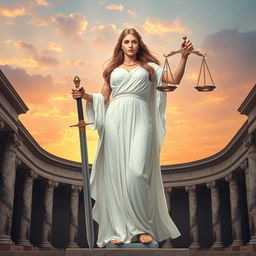 A striking image of a personified representation of Justice, standing tall and majestic