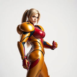 A stunning portrayal of Samus Aran in her iconic Zero Suit, captured during a professional photoshoot