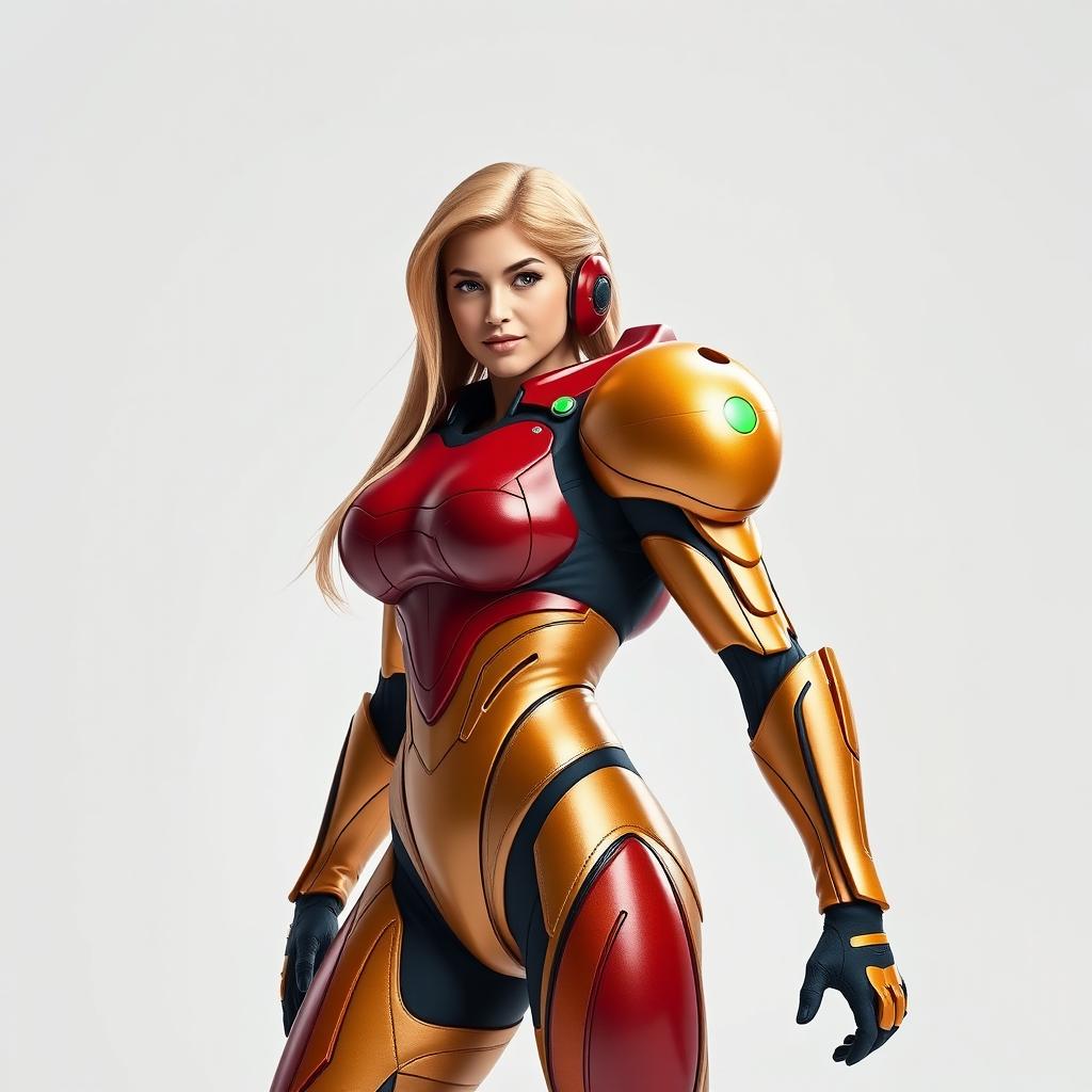 A stunning portrayal of Samus Aran in her iconic Zero Suit, captured during a professional photoshoot