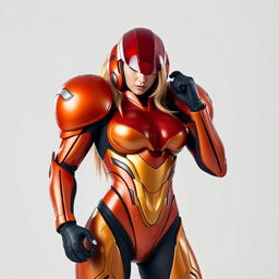 A stunning portrayal of Samus Aran in her iconic Zero Suit, captured during a professional photoshoot
