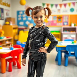 A young girl with short hair tied into pigtails, wearing shiny black latex leggings and a matching shiny black latex long-sleeved shirt