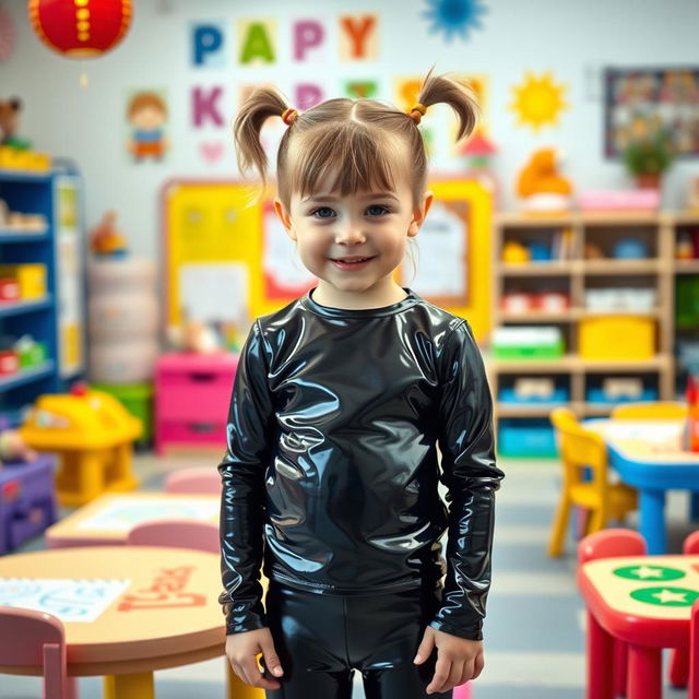 A young girl with short hair tied into pigtails, wearing shiny black latex leggings and a matching shiny black latex long-sleeved shirt