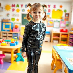 A young girl with short hair tied into pigtails, wearing shiny black latex leggings and a matching shiny black latex long-sleeved shirt