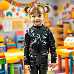 A young girl with short hair tied into pigtails, wearing shiny black latex leggings and a matching shiny black latex long-sleeved shirt