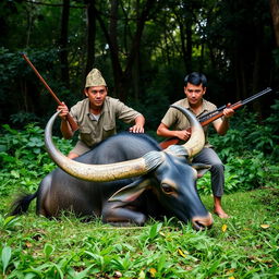 A dramatic scene depicting two men hunting a banteng, a wild bovine species, in a lush green forest setting