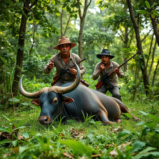 A dramatic scene depicting two men hunting a banteng, a wild bovine species, in a lush green forest setting