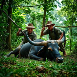 A dramatic scene depicting two men hunting a banteng, a wild bovine species, in a lush green forest setting