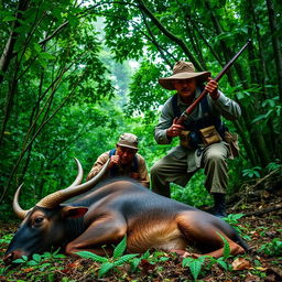 A dramatic scene depicting two men hunting a banteng, a wild bovine species, in a lush green forest setting