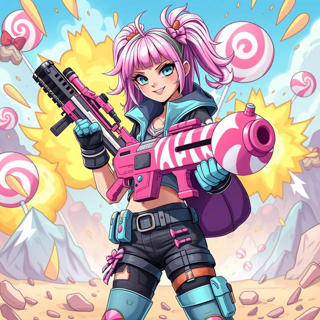 A fierce and stylish candy girl with bright pastel hair, dressed in an edgy yet fashionable outfit adorned with candy motifs, standing confidently in a dynamic warzone